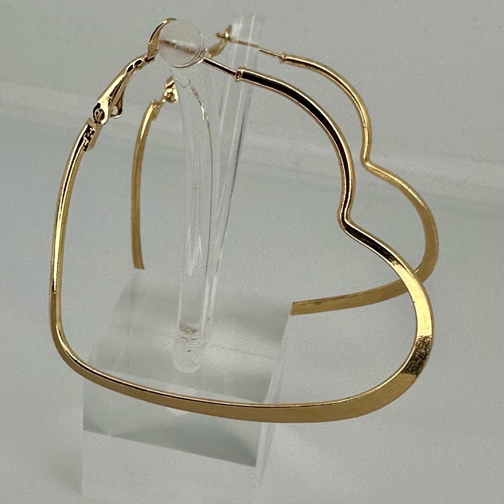 Gold Heart Hoop Drop Earrings Minimalist 2.25 Inch - Picture 3 of 13